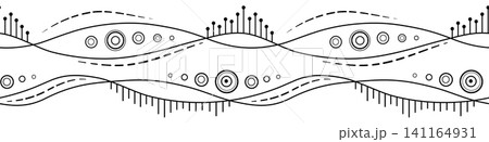 Monochrome abstract wavy seamless border. Black white seamless pattern in zentangle style. Randomly black circles and lines on transparent background. Unusual linear design element Monochrome abstract wavy seamless border. Black white seamless pattern in zentangle style. Randomly black circles and lines on transparent background. Unusual linear design element 141164931