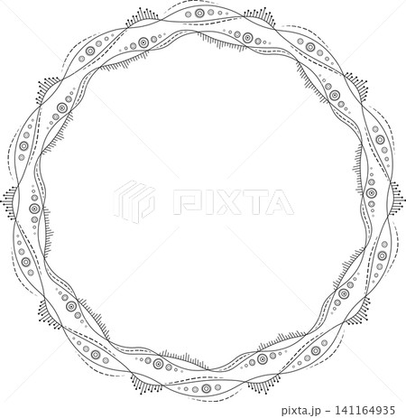 Monochrome round frame of abstract wavy lines. Black white illustration in zentangle style. Randomly black circles and lines on transparent background. Unusual round design element Monochrome round frame of abstract wavy lines. Black white illustration in zentangle style. Randomly black circles and lines on transparent background. Unusual round design element 141164935