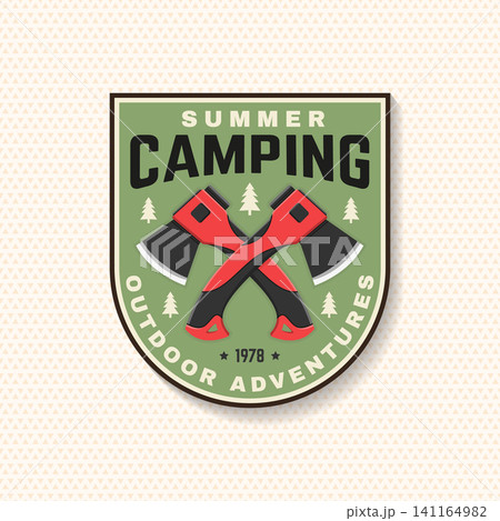 Vintage Summer Camping Sticker Vector Badge. Outdoor Adventure Emblem with Crossed Axes and Forest Illustration Vintage Summer Camping Sticker Vector Badge. Outdoor Adventure Emblem with Crossed Axes and Forest Illustration 141164982