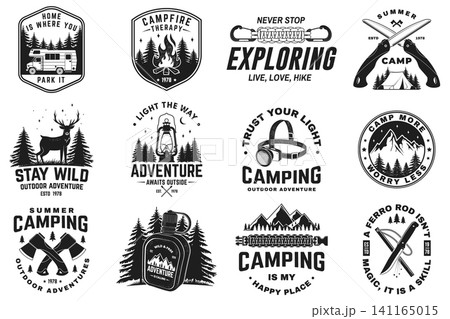 Vintage Camping Badge Collection Vector Set. 12 Outdoor Adventure Emblems with Campfire, Lantern, Mountain, Hiking and Survival Designs 141165015