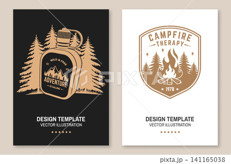 Vintage Camping Poster Set. Adventure Flask and Campfire Therapy Outdoor Vector Illustration Vintage Camping Poster Set. Adventure Flask and Campfire Therapy Outdoor Vector Illustration 141165038