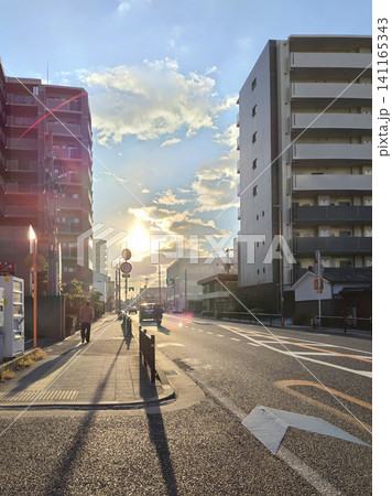 夕暮れの都市道路とマンションの街並み 眩しい西日と歩行者の日常風景写真素材 夕暮れの都市道路とマンションの街並み 眩しい西日と歩行者の日常風景写真素材 141165343