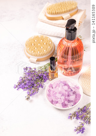 Spa wellness items with lavender and bath salts Spa wellness items with lavender and bath salts 141165389