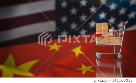 Shopping Cart Parcels Between China And America Trade Flags 3d render. 141166015