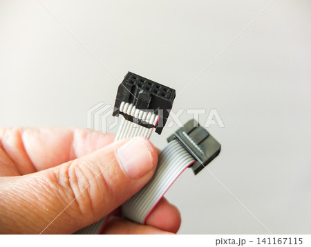 Hand holding a gray flat ribbon IDC cable with black connectors close up. Hand holding a gray flat ribbon IDC cable with black connectors close up. 141167115
