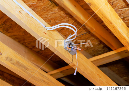 Wiring setup in building renovation project under wooden beams in construction area 141167266