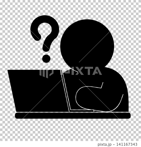 ノートパソコンを見ながら疑問を抱く人のシンプルなピクトグラム（斜め） 141167343