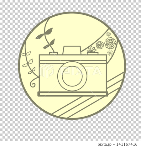 Circular logo-style illustration of a camera and a plant (yellow) Circular logo-style illustration of a camera and a plant (yellow) 141167416