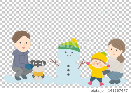 Family and their beloved dog standing next to a snowman Family and their beloved dog standing next to a snowman 141167477