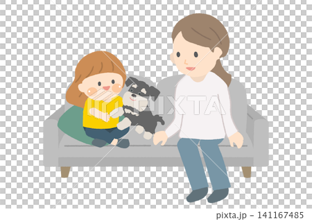 A mother watches over her child spending time with their dog. A mother watches over her child spending time with their dog. 141167485