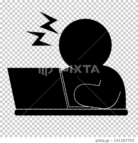 A simple pictogram (at an angle) of a person looking frustrated in front of a laptop. 141167705