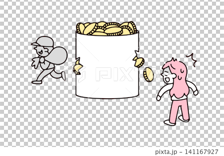 An illustration of a young woman who is unable to protect herself and has her money stolen. An illustration of a young woman who is unable to protect herself and has her money stolen. 141167927