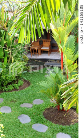 Tropical garden pathway framed by palm fronds, leading toward wooden patio chairs and small table in sunny courtyard with lush greenery, dappled light, and calm resort style Tropical garden pathway framed by palm fronds, leading toward wooden patio chairs and small table in sunny courtyard with lush greenery, dappled light, and calm resort style 141168188