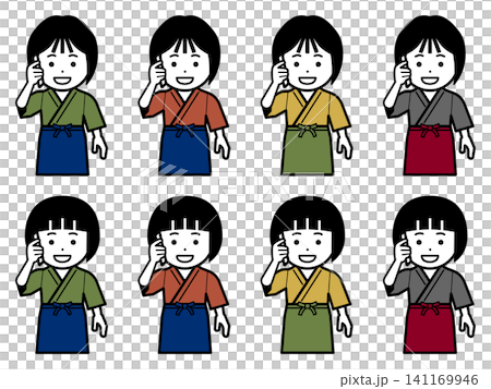 [Different color] Icon of a woman in a samue (traditional Japanese work clothing) and apron making a phone call on her smartphone. 141169946