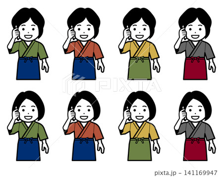 [髪型違い] [色違い] スマホで電話する作務衣に前掛けの女性のアイコン 141169947