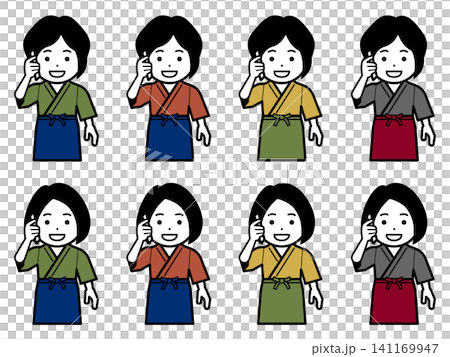 [髪型違い] [色違い] スマホで電話する作務衣に前掛けの女性のアイコン 141169947