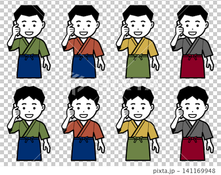 [Different color] Icon of a man in a samue (traditional Japanese work clothes) and apron making a phone call on his smartphone. 141169948