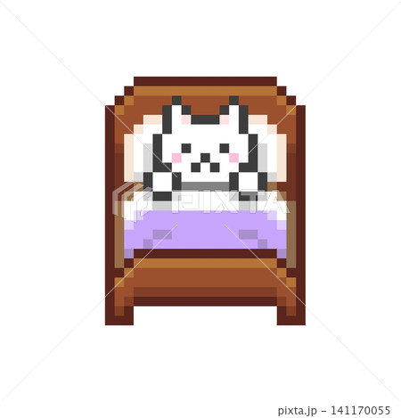 ドット絵のベットに入る白猫 ドット絵のベットに入る白猫 141170055