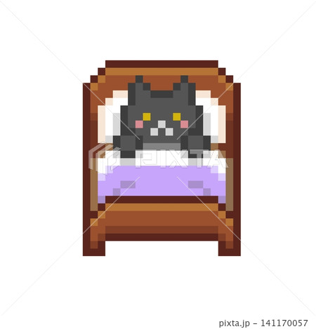 ドット絵のベットに入る黒猫 ドット絵のベットに入る黒猫 141170057