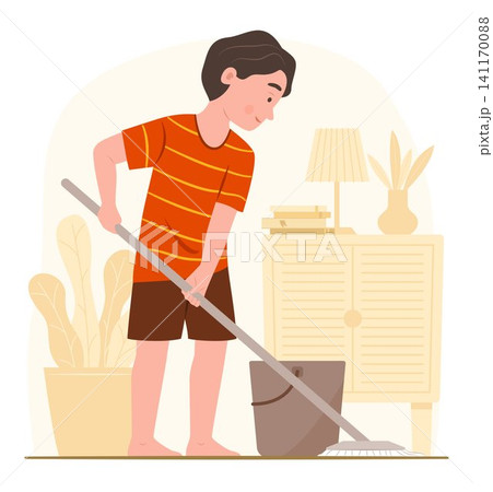 Happy Kid Boy Mopping Floor of Living Room for Cleaning House and Daily Routine Chore Lifestyle Concept Illustration Clip Art Happy Kid Boy Mopping Floor of Living Room for Cleaning House and Daily Routine Chore Lifestyle Concept Illustration Clip Art 141170088