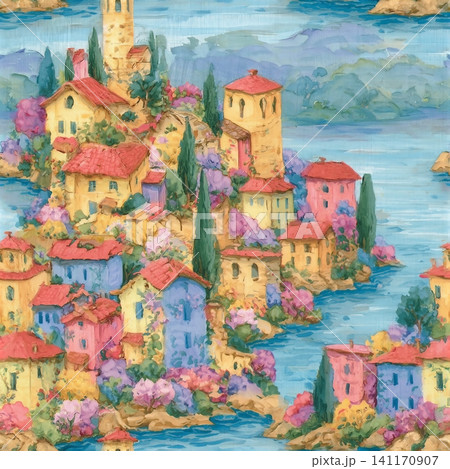 Colorful watercolor Italian summer landscape seamless pattern, seascape texture 141170907