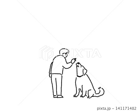 大型犬とコミュニケーションをとるシニア女性のイラスト、線画 大型犬とコミュニケーションをとるシニア女性のイラスト、線画 141171482