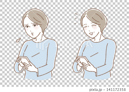 A set of photos showing middle-aged women using smartphones, with both a troubled and a smiling expression. A set of photos showing middle-aged women using smartphones, with both a troubled and a smiling expression. 141172358