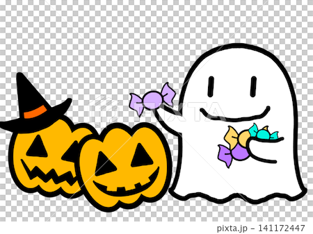 An illustration of a cute Halloween ghost giving candy to a jack-o'-lantern. An illustration of a cute Halloween ghost giving candy to a jack-o'-lantern. 141172447