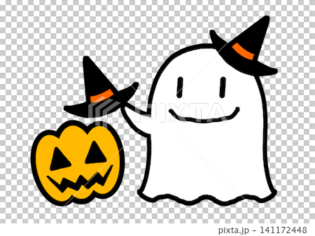 An illustration of a cute Halloween ghost trying to put a hat on a jack-o'-lantern. An illustration of a cute Halloween ghost trying to put a hat on a jack-o'-lantern. 141172448