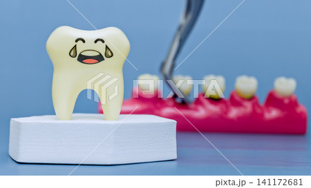 Sad crying cartoon tooth character in focus with blurred dental extraction procedure in background. Pediatric dentistry and fear concept. Sad crying cartoon tooth character in focus with blurred dental extraction procedure in background. Pediatric dentistry and fear concept. 141172681
