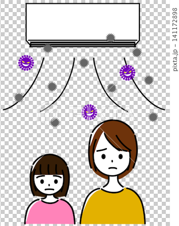 A woman and a girl are troubled by dirt and mold blowing out of their air conditioner. A woman and a girl are troubled by dirt and mold blowing out of their air conditioner. 141172898