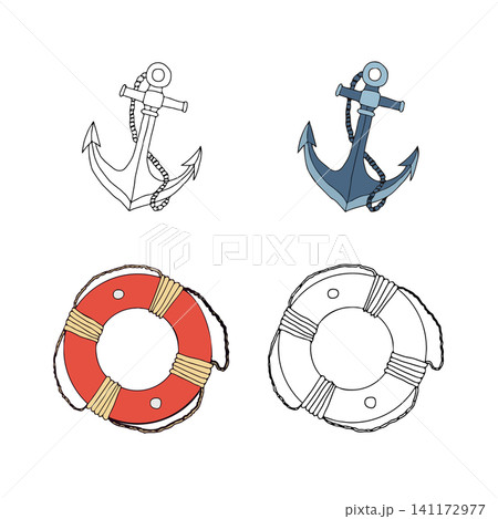 Nautical anchor and red white lifebuoy, life ring. Vector graphic hand drawn illustration for marine themes, summer designs, coastal logos, maritime safety. Doodles isolated on white background Nautical anchor and red white lifebuoy, life ring. Vector graphic hand drawn illustration for marine themes, summer designs, coastal logos, maritime safety. Doodles isolated on white background 141172977