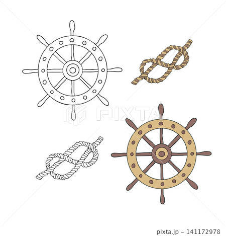 Vintage wooden marine helm and classic rope sailor knot vector graphic illustration. Hand drawn doodle design elements set on white background. For nautical themes, travel, adventure design projects Vintage wooden marine helm and classic rope sailor knot vector graphic illustration. Hand drawn doodle design elements set on white background. For nautical themes, travel, adventure design projects 141172978