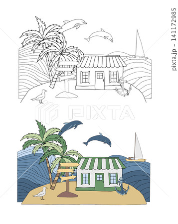 Coastal seascape with house, palm tree, dolphins nautical coloring page. Sea, sailboat, signpost, wave, seagull, anchor kids coloring book. Black white outline vector graphic illustration and color Coastal seascape with house, palm tree, dolphins nautical coloring page. Sea, sailboat, signpost, wave, seagull, anchor kids coloring book. Black white outline vector graphic illustration and color 141172985