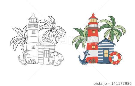 Lighthouse and coastal house landscape nautical coloring page. Palm tree, lifebuoy and anchor, ocean sea concept coloring book. Black and white outline vector graphic illustration with color example Lighthouse and coastal house landscape nautical coloring page. Palm tree, lifebuoy and anchor, ocean sea concept coloring book. Black and white outline vector graphic illustration with color example 141172986
