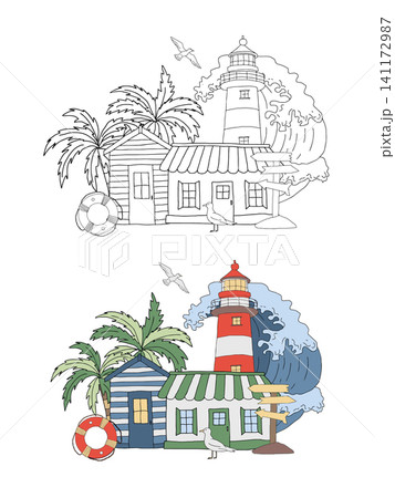 Lighthouse, coastal house seascape, palm tree nautical coloring page. Lifebuoy and signpost, ocean sea wave, seagull kids coloring book. Black and white outline vector graphic illustration and color Lighthouse, coastal house seascape, palm tree nautical coloring page. Lifebuoy and signpost, ocean sea wave, seagull kids coloring book. Black and white outline vector graphic illustration and color 141172987