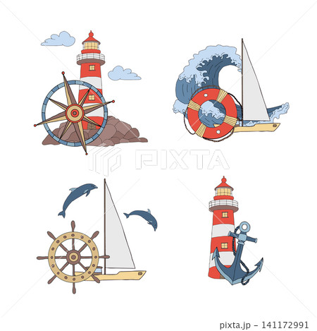 Nautical maritime set of compositions. Lighthouse, wave crest, ship equipment, jumping dolphins, sailboat. Ocean sea concept. Vector graphic hand drawn illustration for vacation branding, logo design Nautical maritime set of compositions. Lighthouse, wave crest, ship equipment, jumping dolphins, sailboat. Ocean sea concept. Vector graphic hand drawn illustration for vacation branding, logo design 141172991