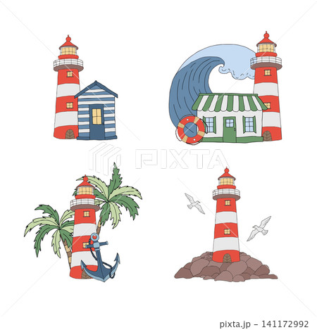 Nautical maritime design set of compositions. Lighthouse on stone pier, coastal house, wave crest, palm tree, lifebuoy and anchor, seagull. Ocean sea concept. Vector graphic hand drawn illustration 141172992