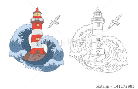 Lighthouse on stone pier, wave crest, seagull in flight. Nautical composition of coloring page. Black and white printable hand drawn vector graphic illustration with color example. Coloring book Lighthouse on stone pier, wave crest, seagull in flight. Nautical composition of coloring page. Black and white printable hand drawn vector graphic illustration with color example. Coloring book 141172993