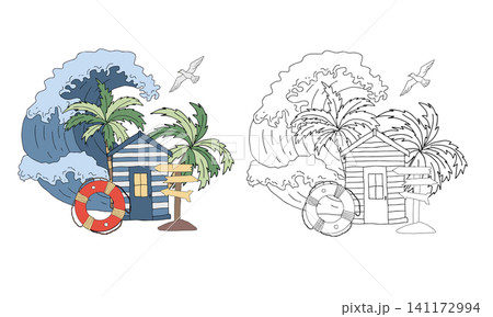 Coastal house seascape, palm tree with sea wave nautical coloring page. Lifebuoy, signpost, ocean seagull kids coloring book. Black and white hand drawn vector graphic illustration and color example Coastal house seascape, palm tree with sea wave nautical coloring page. Lifebuoy, signpost, ocean seagull kids coloring book. Black and white hand drawn vector graphic illustration and color example 141172994