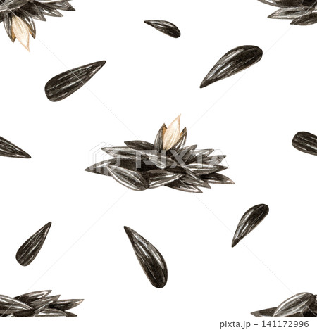 Watercolor sunflower seeds seamless pattern. Pile of black seeds with open kernel. Isolated from background. Hand drawn illustration for snack packaging design, healthy food labels, oil production 141172996