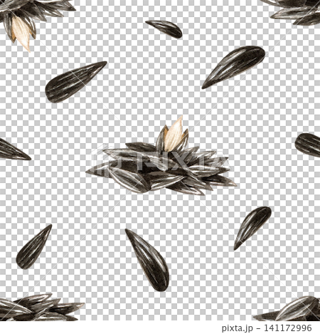 Watercolor sunflower seeds seamless pattern. Pile of black seeds with open kernel. Isolated from background. Hand drawn illustration for snack packaging design, healthy food labels, oil production 141172996