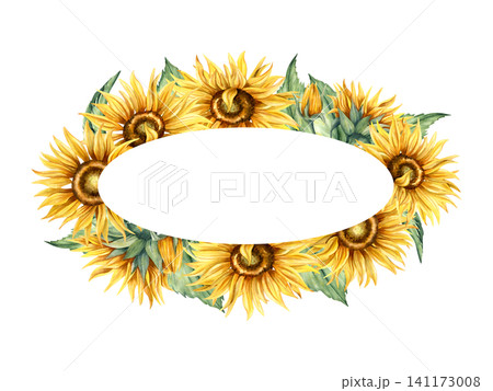 Watercolor sunflower ellipse wreath. Hand painted floral frame illustration of yellow flowers, green leaves. Template with copy space isolated from background. For card, branding, packaging design 141173008