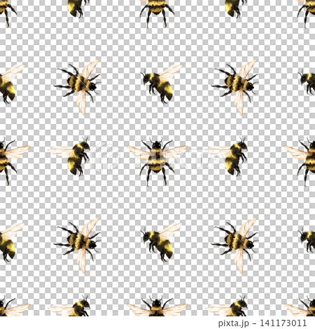Flying bumblebees pattern watercolor. Seamless background top and profile views of insects. Hand drawn isolated on white illustration. Yellow black striped insects for honey packaging, apiary design Flying bumblebees pattern watercolor. Seamless background top and profile views of insects. Hand drawn isolated on white illustration. Yellow black striped insects for honey packaging, apiary design 141173011