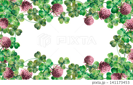 Red clover flowers and green leaves rectangular floral frame hand drawing watercolor art. A festive elegant Irish border ideal for St. Patrick's Day greeting cards, elegant spring menus or invitation Red clover flowers and green leaves rectangular floral frame hand drawing watercolor art. A festive elegant Irish border ideal for St. Patrick's Day greeting cards, elegant spring menus or invitation 141173453