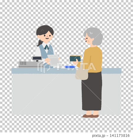 An illustration of a medical staff member handling payments and explanations at the counter of a medical institution or pharmacy, and an elderly woman. An illustration of a medical staff member handling payments and explanations at the counter of a medical institution or pharmacy, and an elderly woman. 141173816