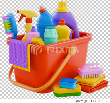 Plastic Bottles with Detergents in the Red Bucket 141173905