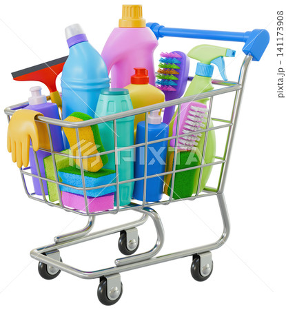 Shopping Cart Full Of Cleaning Items And Supplies Shopping Cart Full Of Cleaning Items And Supplies 141173908
