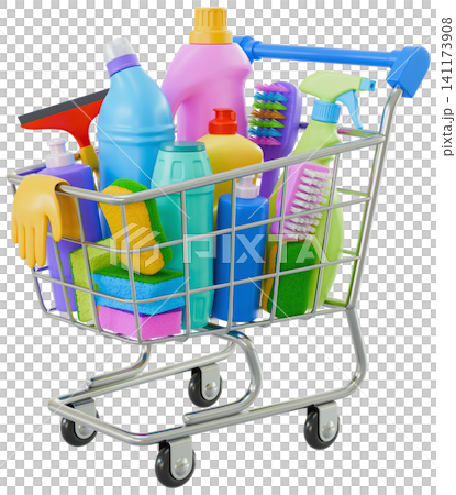 Shopping Cart Full Of Cleaning Items And Supplies Shopping Cart Full Of Cleaning Items And Supplies 141173908