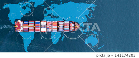 Aerial view container ship cargo shipping business logistic import and export freight transportation by container ship in open sea, Container loading cargo freight ship boat. Aerial view container ship cargo shipping business logistic import and export freight transportation by container ship in open sea, Container loading cargo freight ship boat. 141174203
